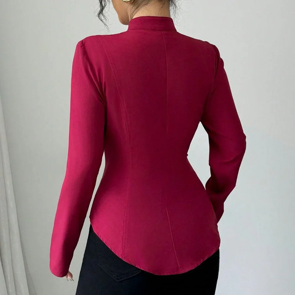 Burgundy Elegant Women's Chic Hollow Out Front Stand Collar Asymmetrical Blouse - Picture 2 of 6